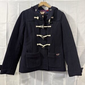 Vintage Y2K Hollister HCO Womens M Wool Pea Coat Navy Blue Toggle Button Preppy